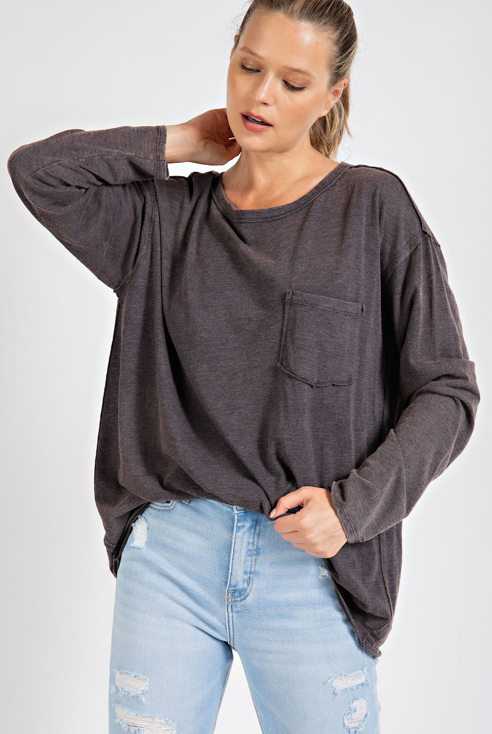 Rae Mode Mineral Washed Long Sleeve-Long Sleeves-Podos Boutique, a Women's Fashion Boutique Located in Calera, AL