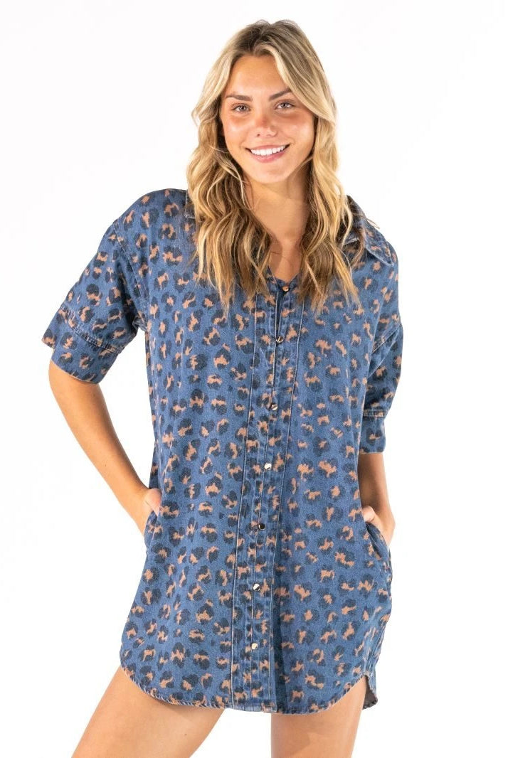 Leopard Denim Print Dress-Short Dresses-Podos Boutique, a Women's Fashion Boutique Located in Calera, AL