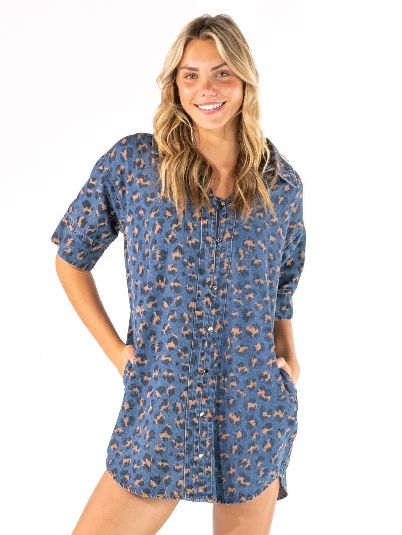 Leopard Denim Print Dress-Short Dresses-Podos Boutique, a Women's Fashion Boutique Located in Calera, AL
