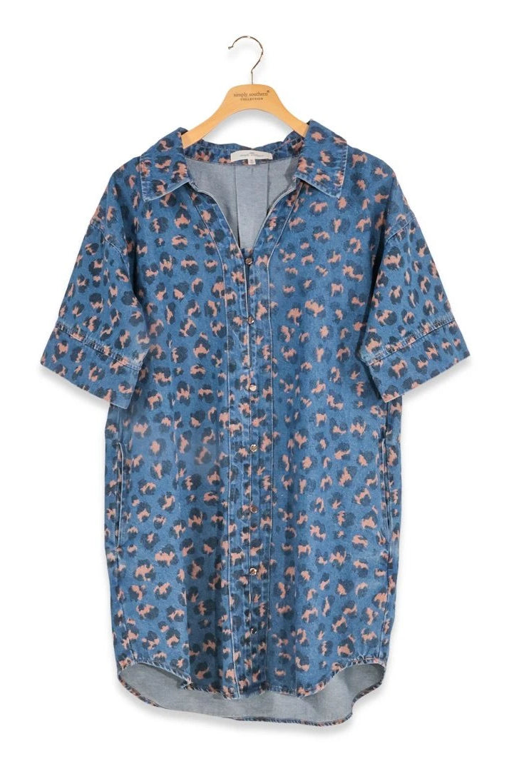 Leopard Denim Print Dress-Short Dresses-Podos Boutique, a Women's Fashion Boutique Located in Calera, AL