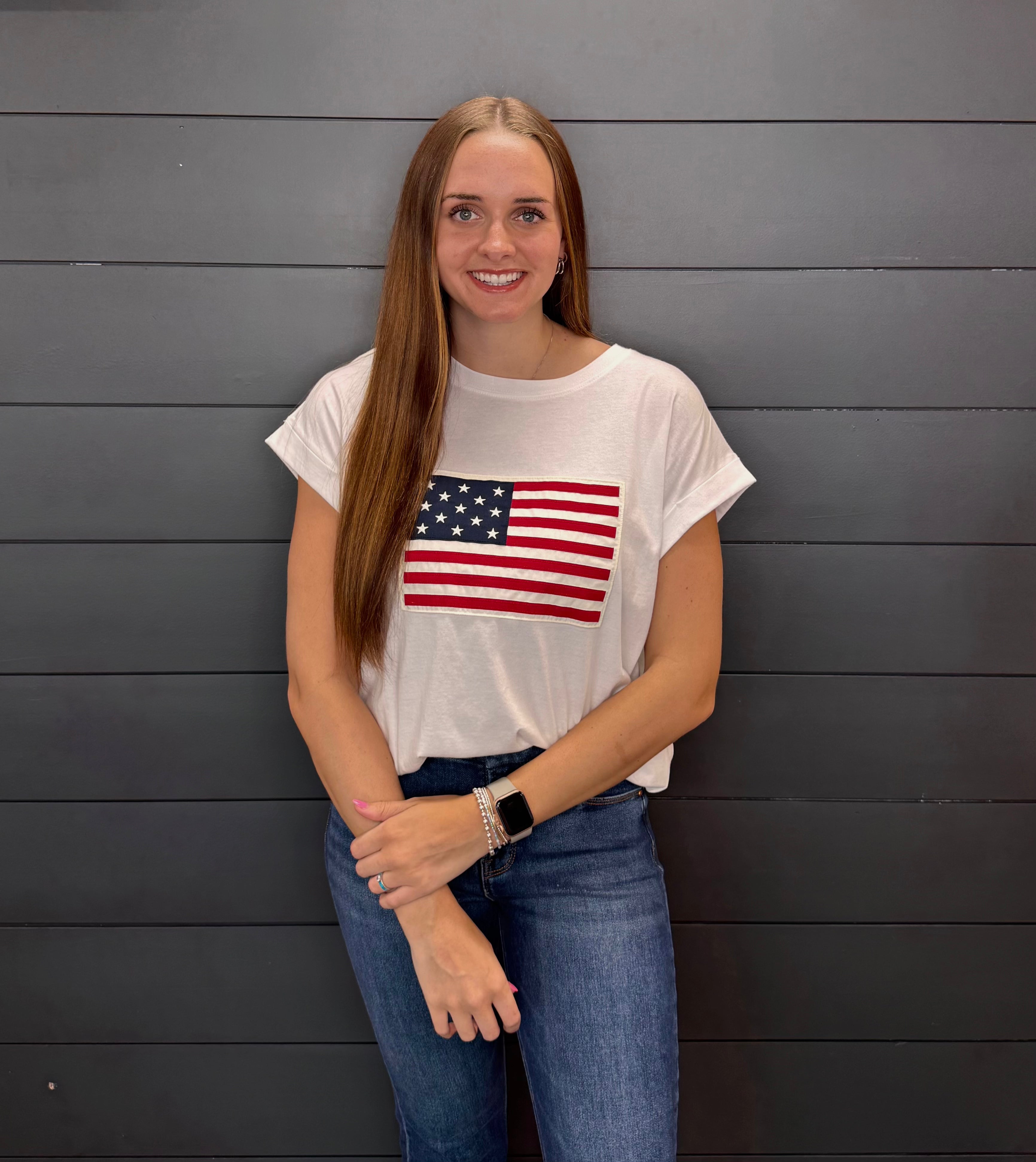 American Flag Tee-Fashion Tops-Podos Boutique, a Women's Fashion Boutique Located in Calera, AL