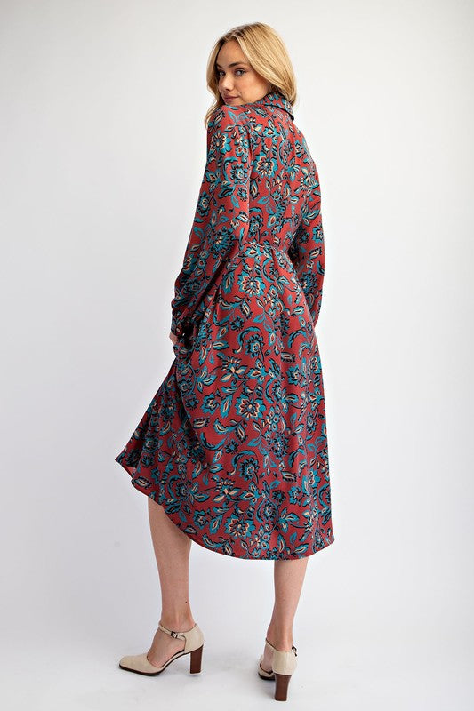 Fall Floral Dress-Midi Dresses-Podos Boutique, a Women's Fashion Boutique Located in Calera, AL