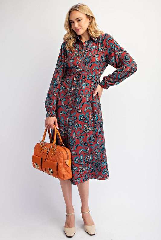 Fall Floral Dress-Midi Dresses-Podos Boutique, a Women's Fashion Boutique Located in Calera, AL