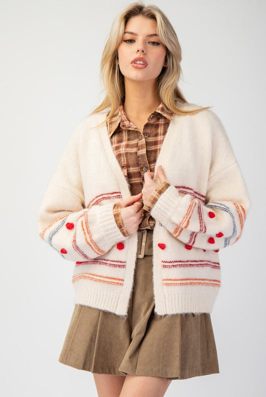 PomPom and Stripe Cardigan-Cardigans & Kimonos-Podos Boutique, a Women's Fashion Boutique Located in Calera, AL