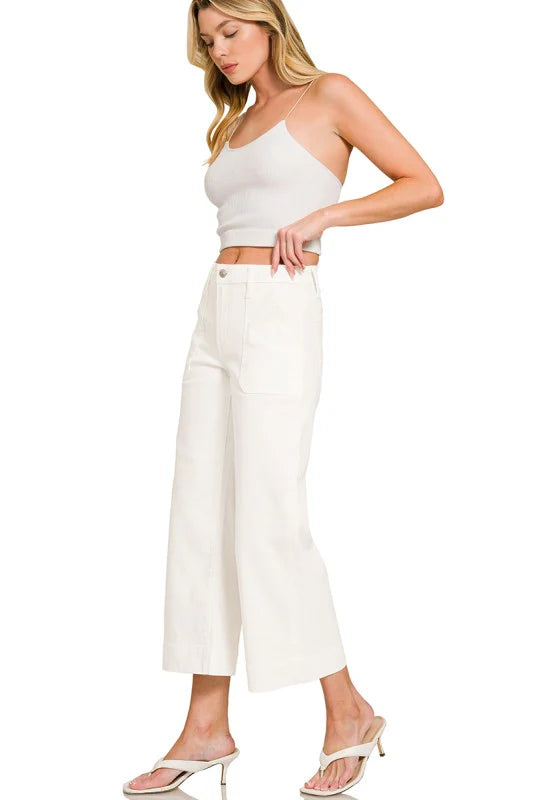 Cropped Wide Leg White Jeans-Jeans-Podos Boutique, a Women's Fashion Boutique Located in Calera, AL