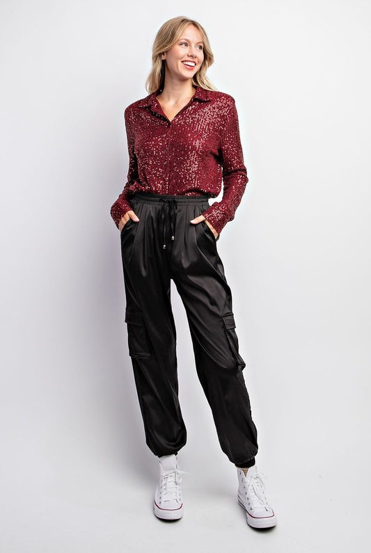 Satin Cargo Joggers-Joggers-Podos Boutique, a Women's Fashion Boutique Located in Calera, AL