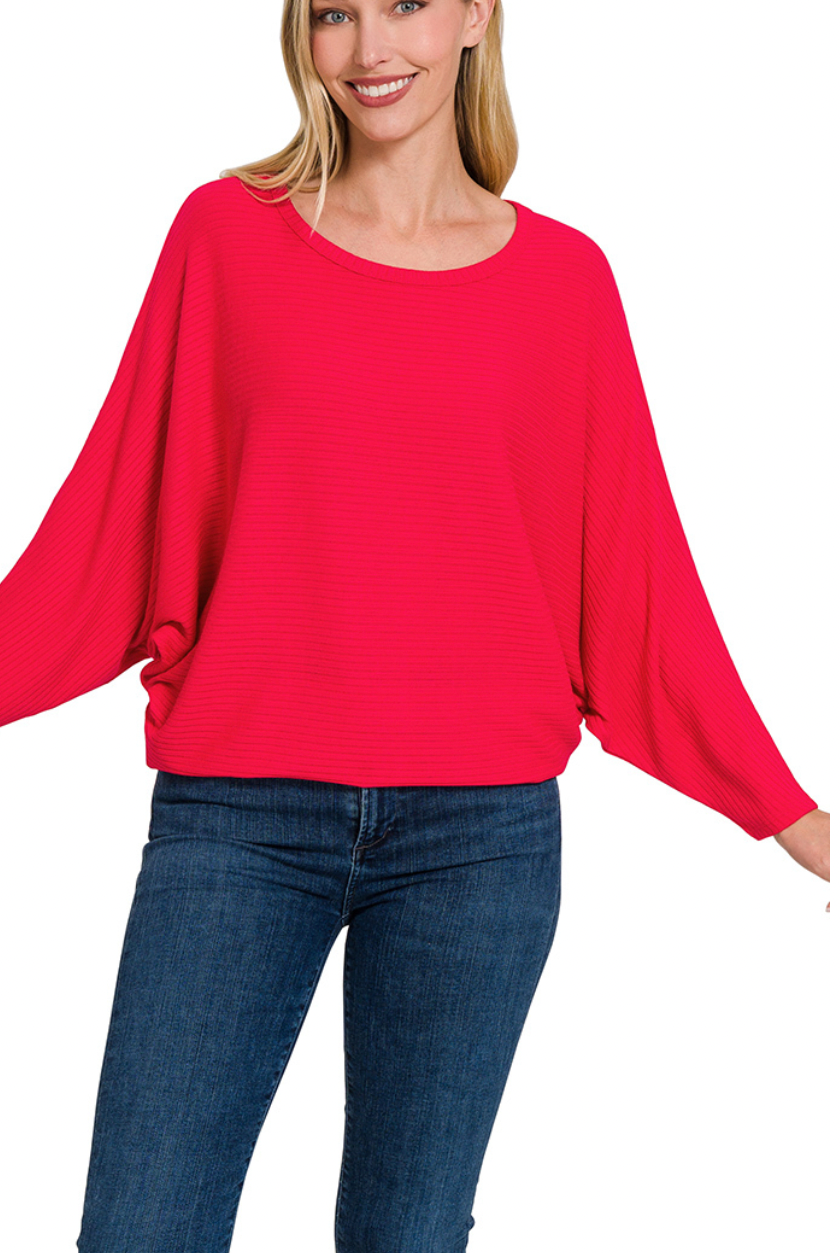 Ribbed Batwing Boatneck Sweater-Sweaters-Podos Boutique, a Women's Fashion Boutique Located in Calera, AL