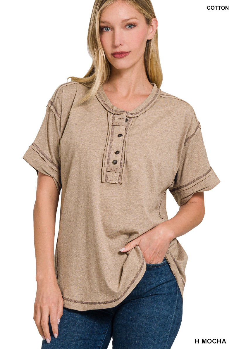 Raw Edge Button Closure Top-Short Sleeves-Podos Boutique, a Women's Fashion Boutique Located in Calera, AL