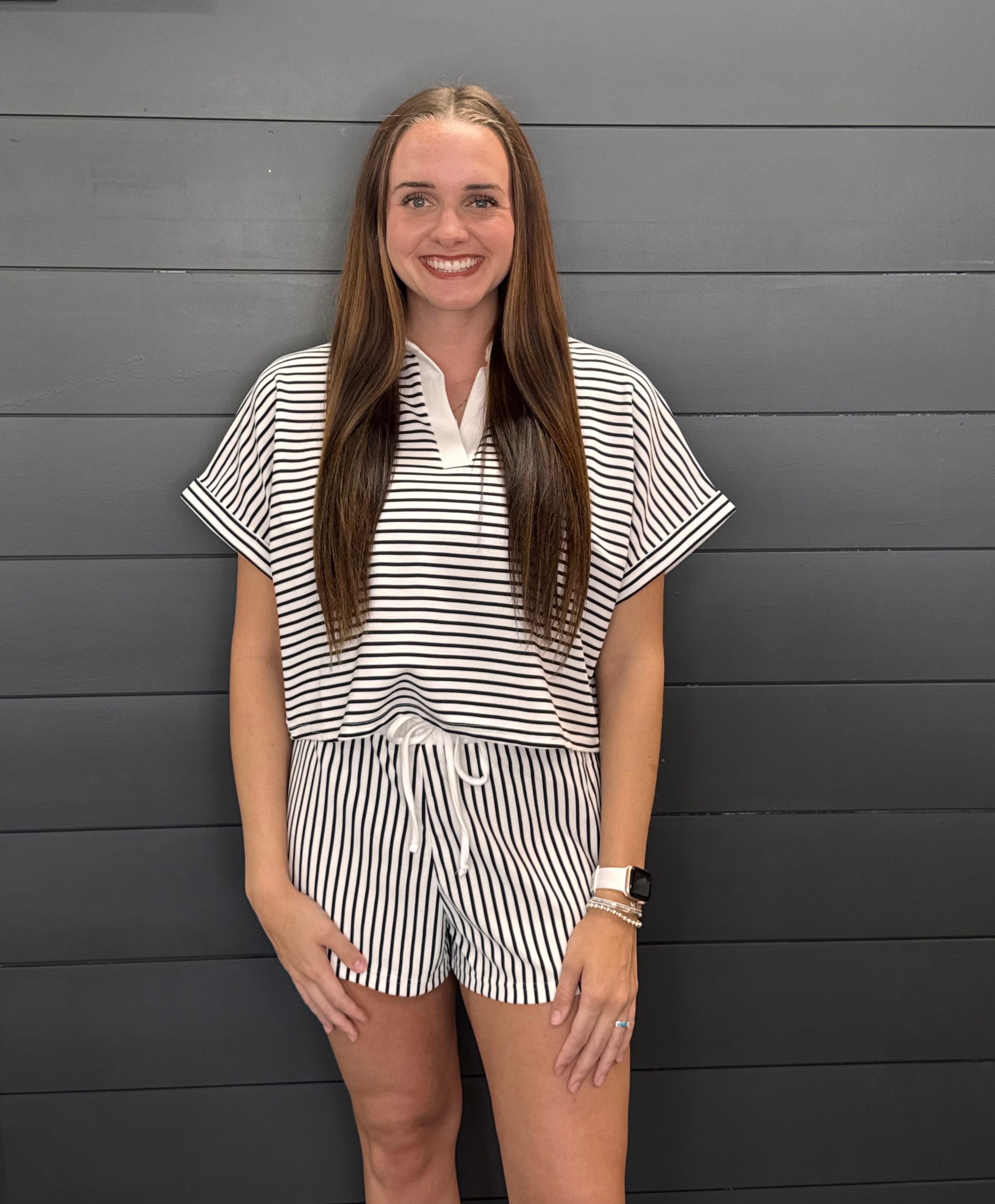 Striped Collared Top & Shorts Set-Sets-Podos Boutique, a Women's Fashion Boutique Located in Calera, AL