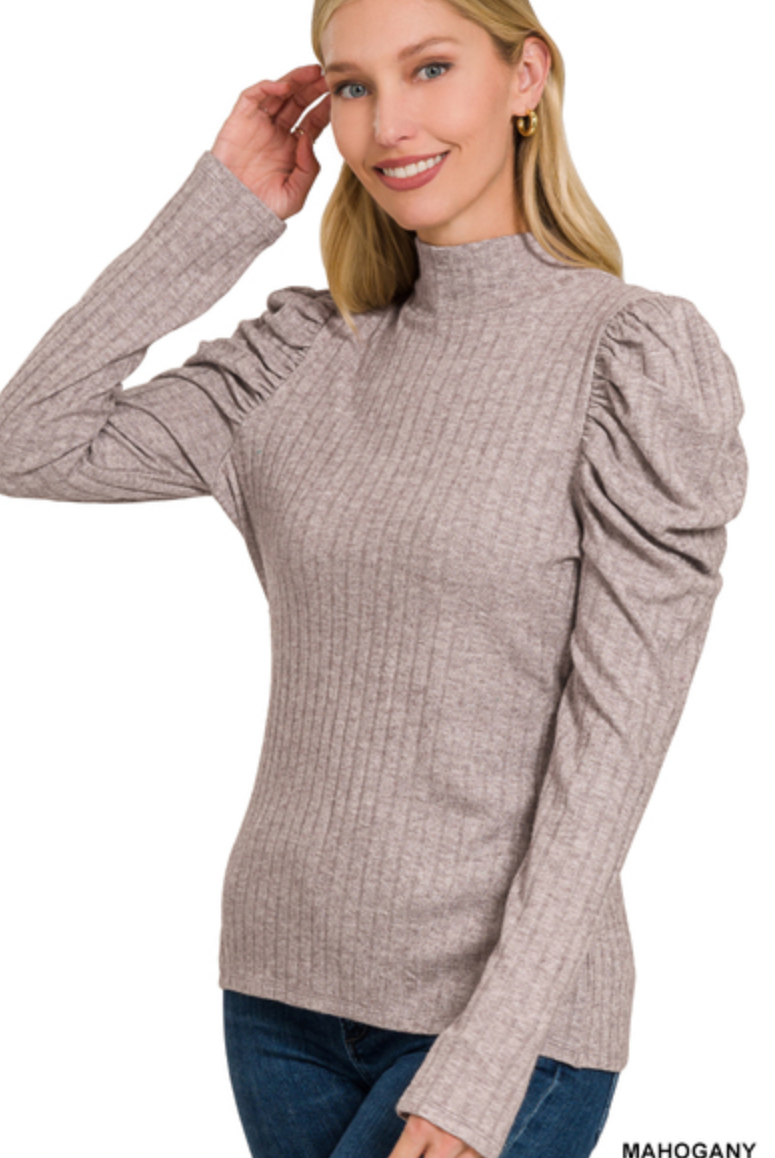 Ribbed Puff LS Mock Neck-Long Sleeves-Podos Boutique, a Women's Fashion Boutique Located in Calera, AL