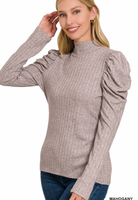 Ribbed Puff LS Mock Neck-Long Sleeves-Podos Boutique, a Women's Fashion Boutique Located in Calera, AL