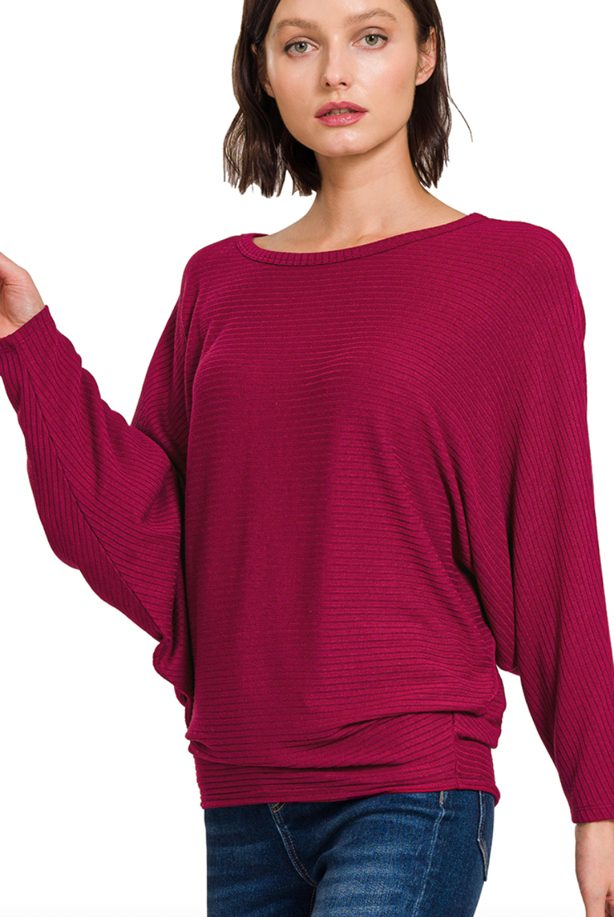 Ribbed Batwing Boatneck Sweater-Sweaters-Podos Boutique, a Women's Fashion Boutique Located in Calera, AL