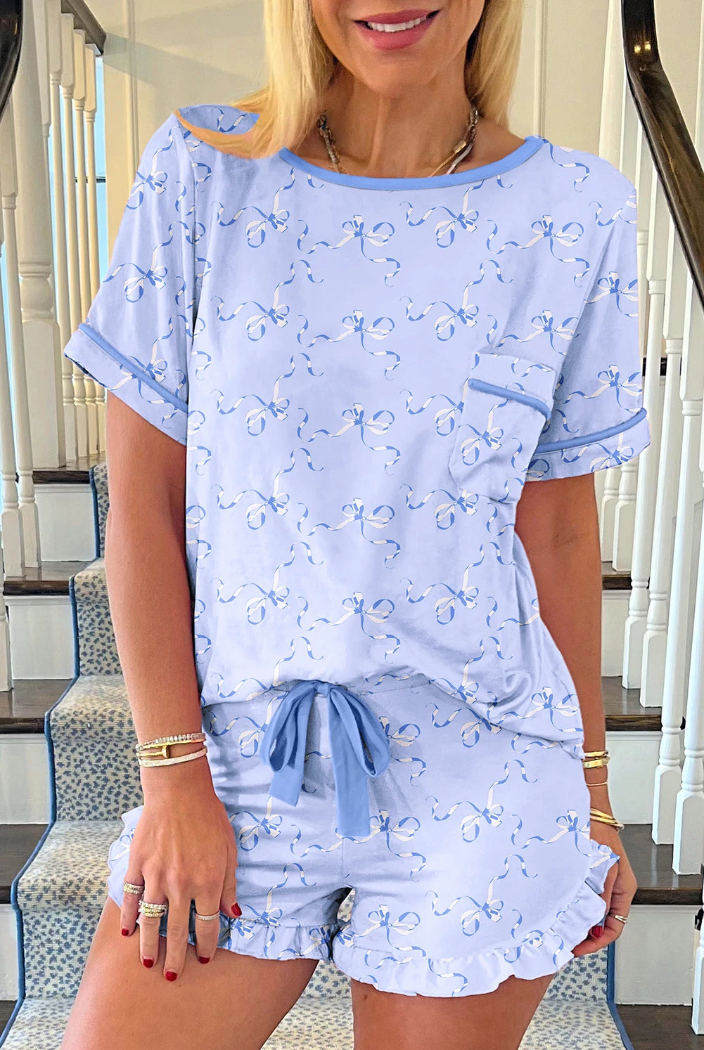 Sky Blue Bow Print Pajama Set-Lounge Wear-Podos Boutique, a Women's Fashion Boutique Located in Calera, AL