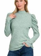 Ribbed Puff LS Mock Neck-Long Sleeves-Podos Boutique, a Women's Fashion Boutique Located in Calera, AL