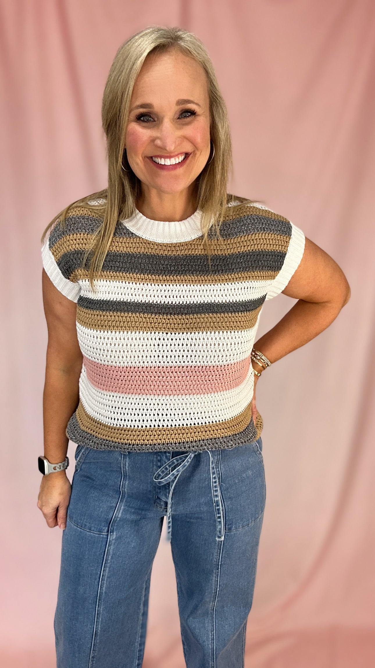 Pink Eyelet Knit Sweater Tee-Podos Boutique, a Women's Fashion Boutique Located in Calera, AL