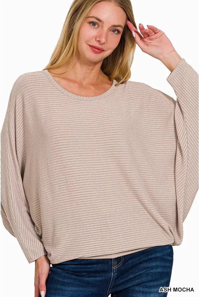 Ribbed Batwing Boatneck Sweater-Sweaters-Podos Boutique, a Women's Fashion Boutique Located in Calera, AL