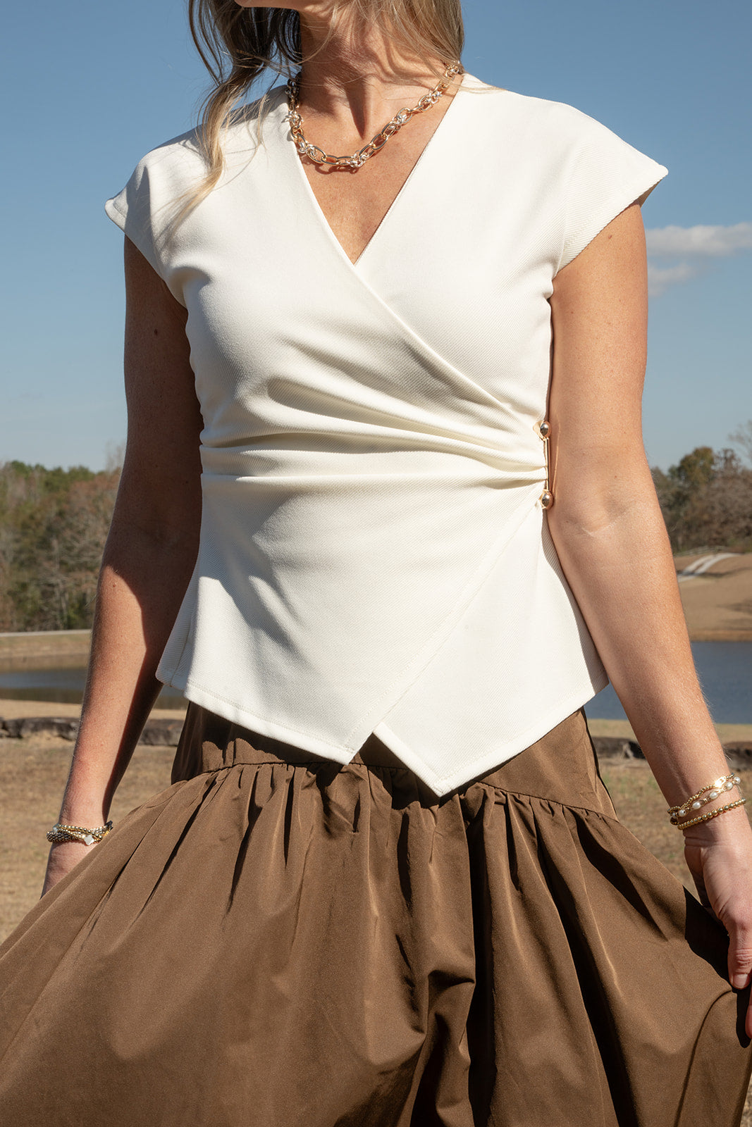 Surplice V-Neck Top-Short Sleeves-Podos Boutique, a Women's Fashion Boutique Located in Calera, AL