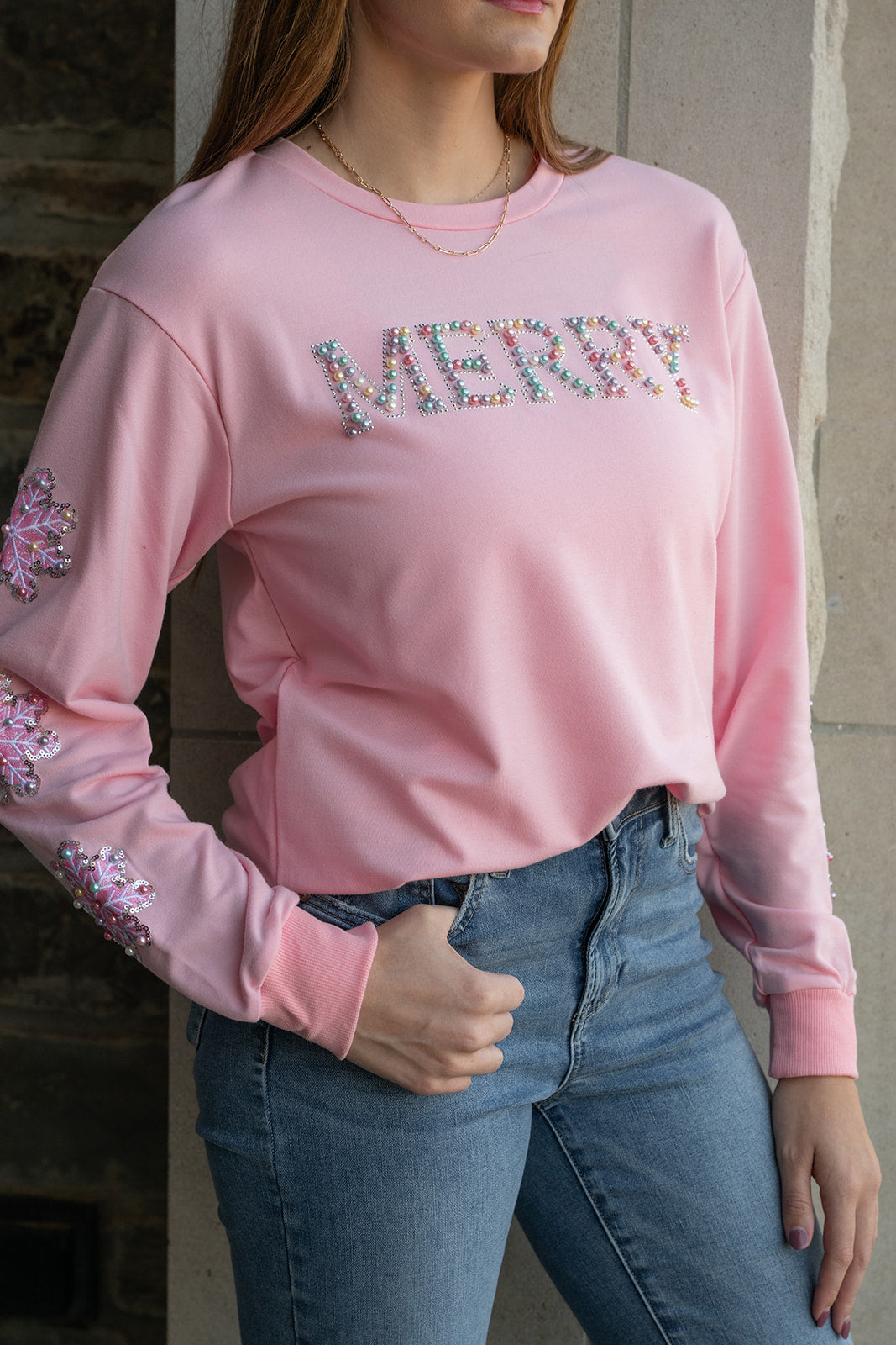 Pearl "Merry" Pink Sweatshirt-Sweatshirts-Podos Boutique, a Women's Fashion Boutique Located in Calera, AL