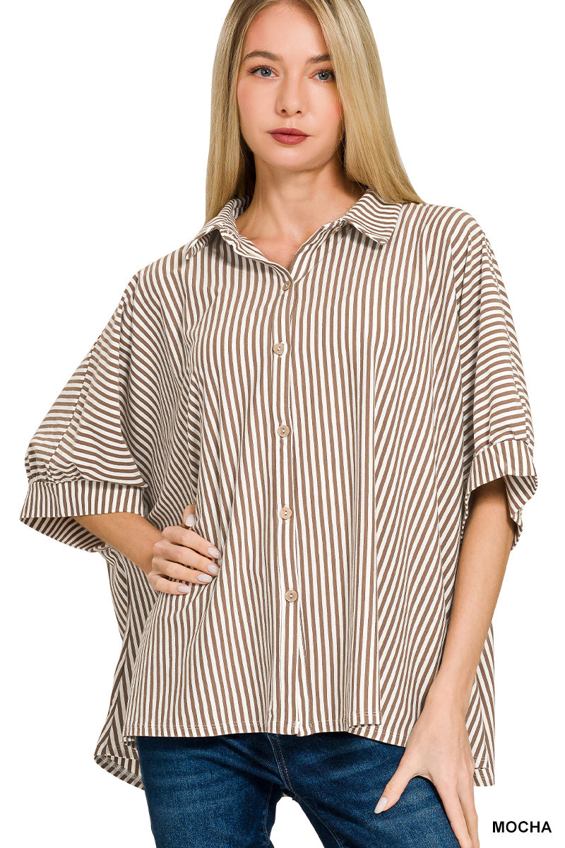 Oversized Stripe Button Down Shirt-Fashion Tops-Podos Boutique, a Women's Fashion Boutique Located in Calera, AL