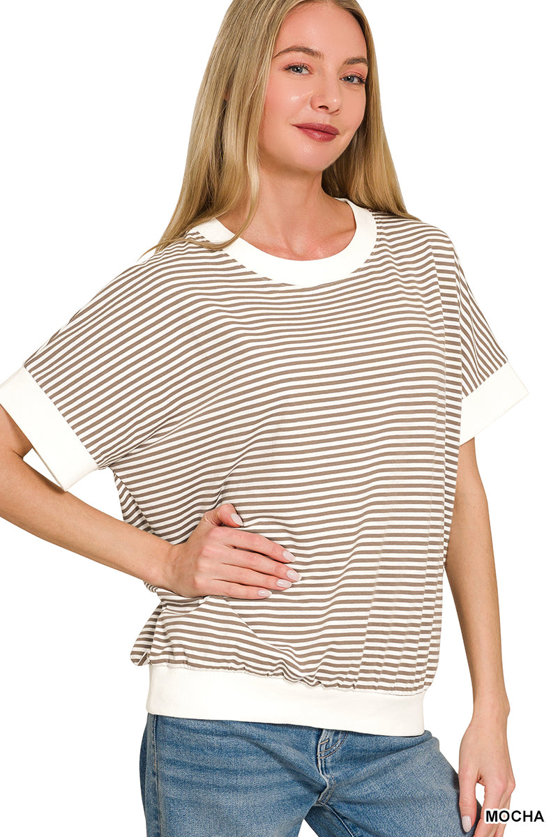 Stripe Contrast Banded Top-Fashion Tops-Podos Boutique, a Women's Fashion Boutique Located in Calera, AL