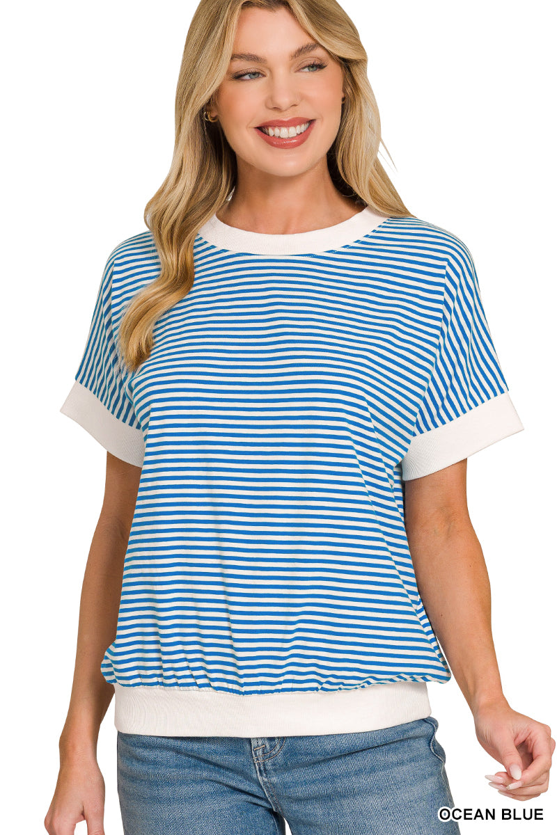 Stripe Contrast Banded Top-Fashion Tops-Podos Boutique, a Women's Fashion Boutique Located in Calera, AL