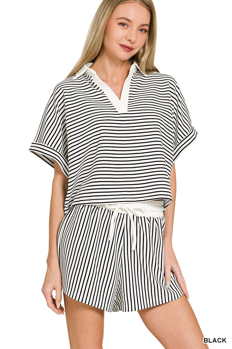 Striped Collared Top & Shorts Set-Sets-Podos Boutique, a Women's Fashion Boutique Located in Calera, AL