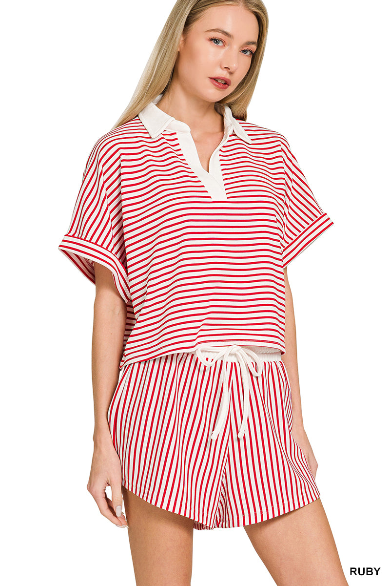 Striped Collared Top & Shorts Set-Sets-Podos Boutique, a Women's Fashion Boutique Located in Calera, AL