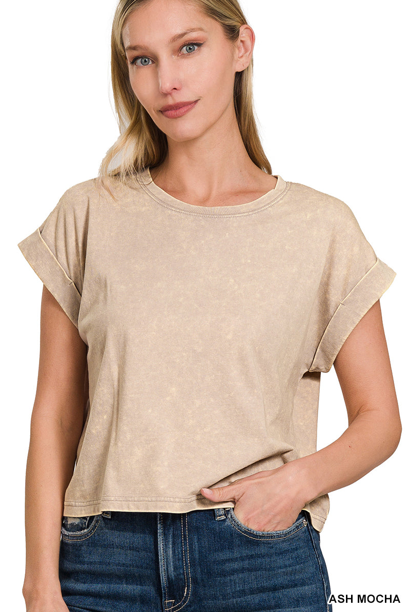Washed Cuffed Short Sleeve-Fashion Tops-Podos Boutique, a Women's Fashion Boutique Located in Calera, AL