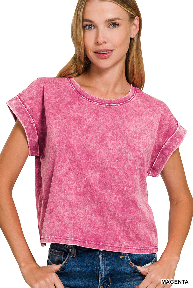 Washed Cuffed Short Sleeve-Fashion Tops-Podos Boutique, a Women's Fashion Boutique Located in Calera, AL