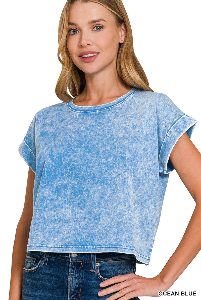 Washed Cuffed Short Sleeve-Fashion Tops-Podos Boutique, a Women's Fashion Boutique Located in Calera, AL