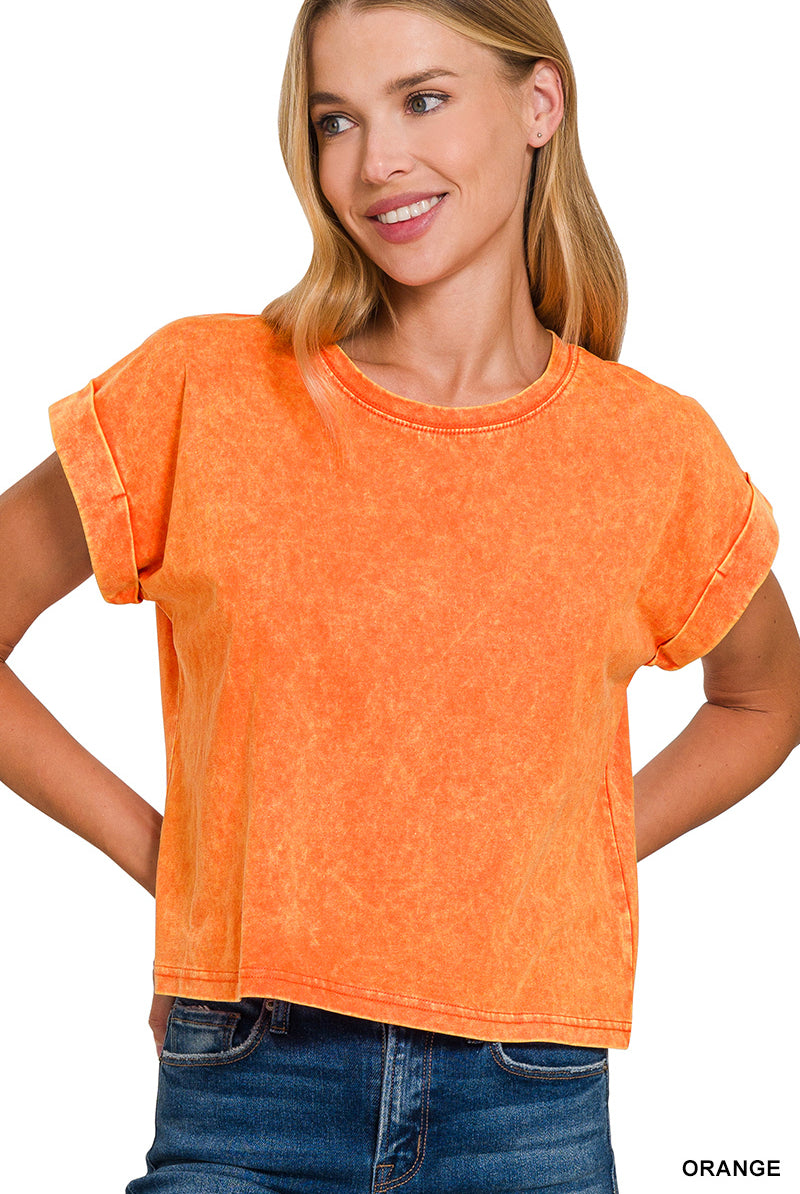 Washed Cuffed Short Sleeve-Fashion Tops-Podos Boutique, a Women's Fashion Boutique Located in Calera, AL