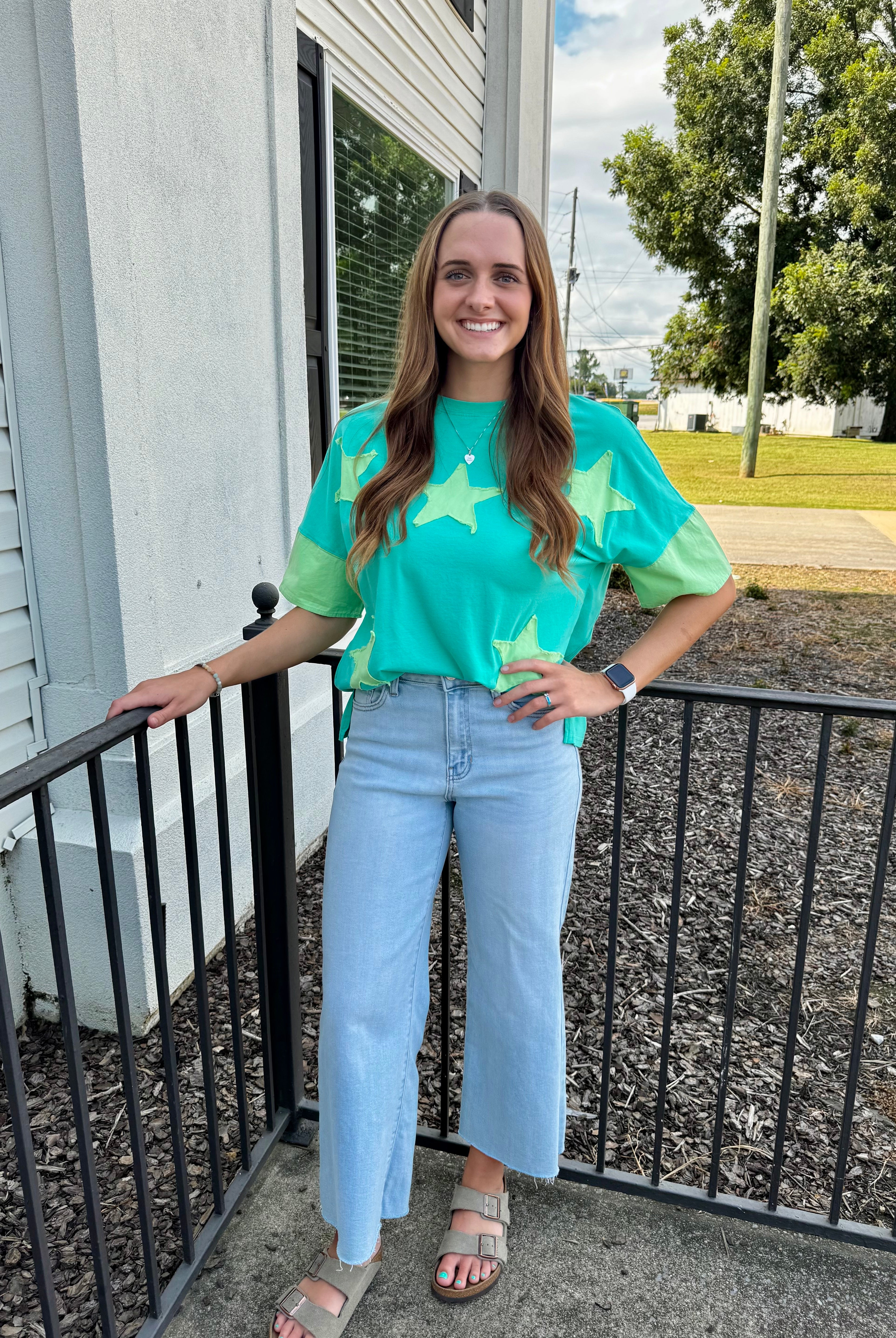 Aruba Blue Star Patched Oversize TShirt-Fashion Tops-Podos Boutique, a Women's Fashion Boutique Located in Calera, AL