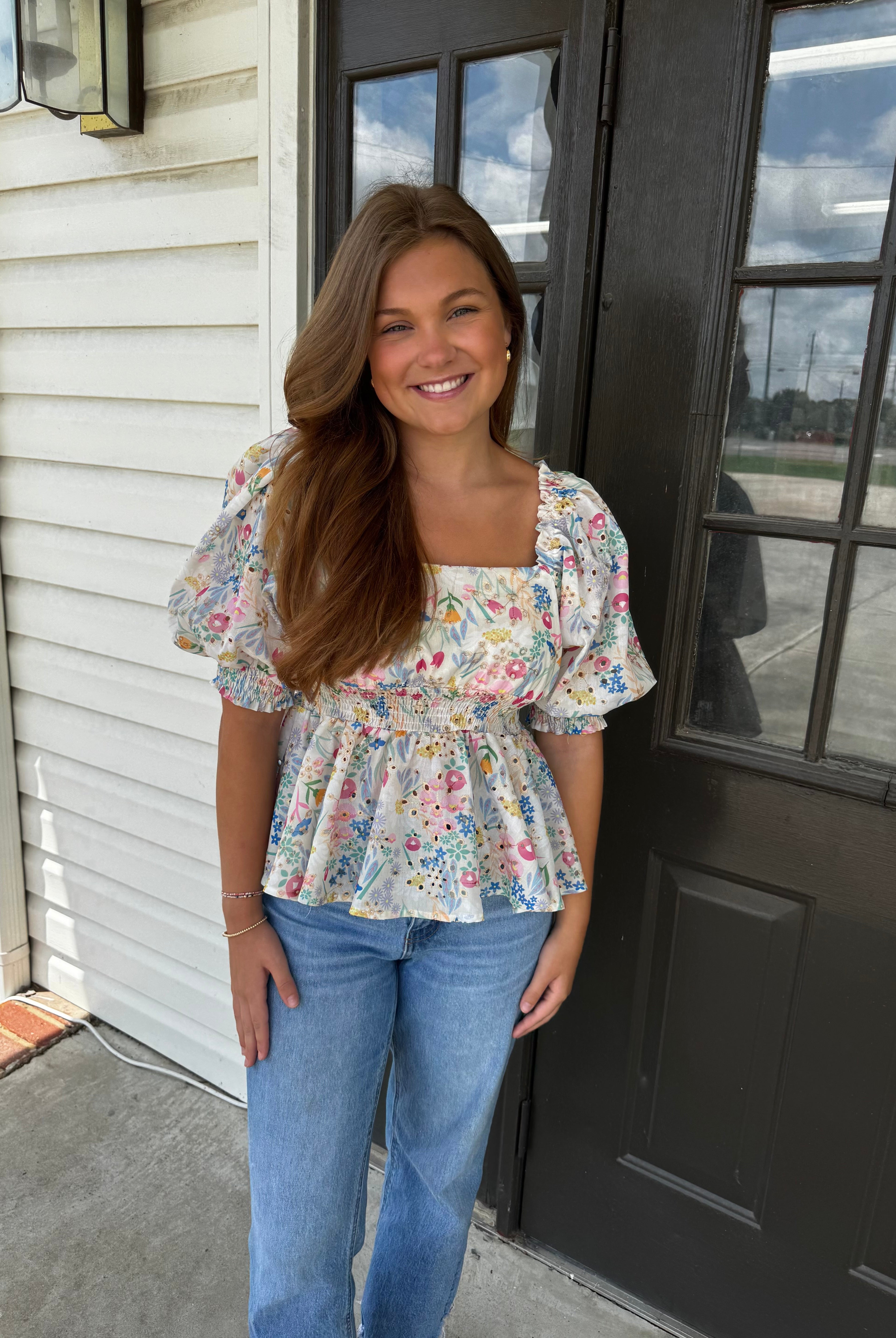 J.NNA Floral Dream Top-Fashion Tops-Podos Boutique, a Women's Fashion Boutique Located in Calera, AL