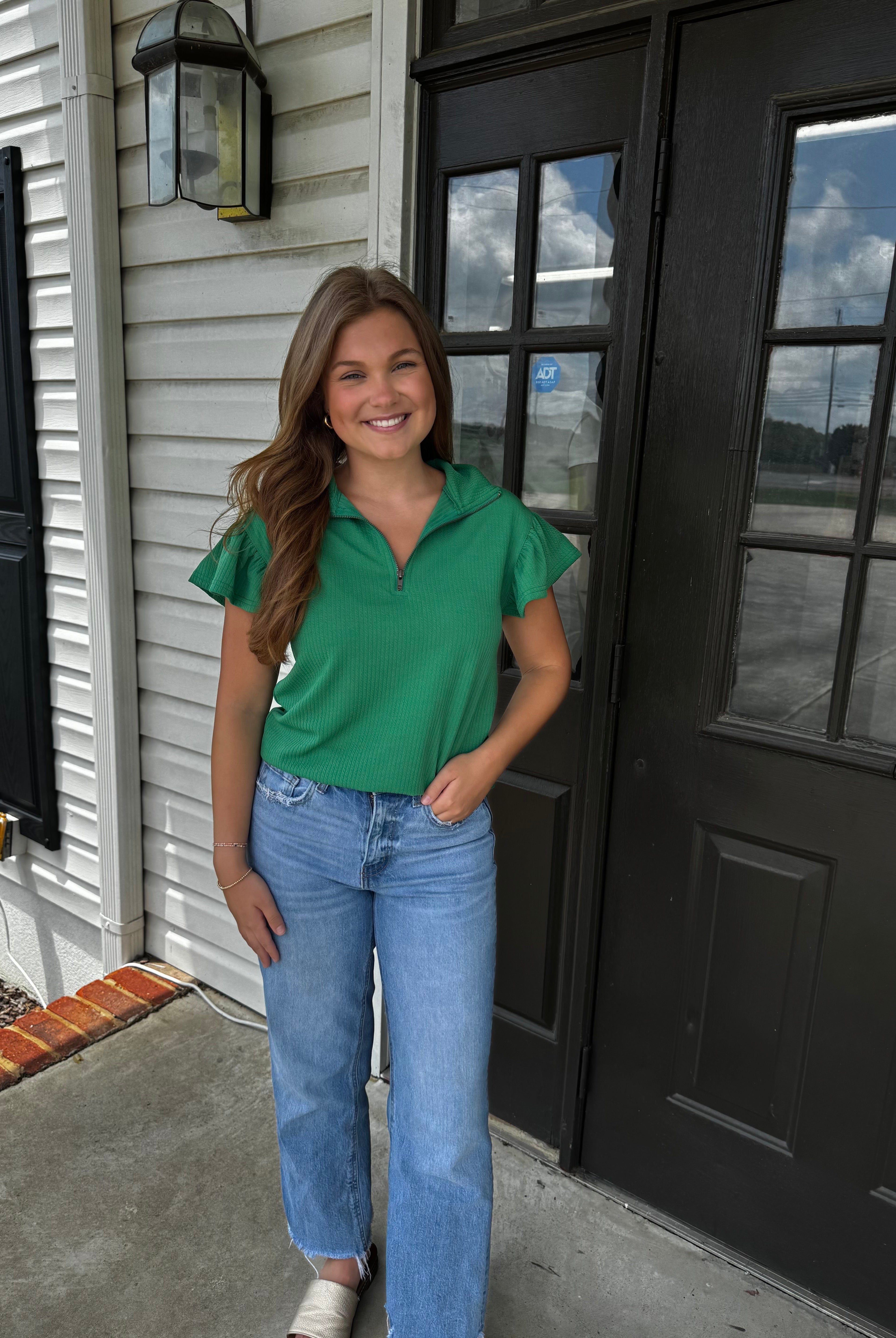 G + E Kelly Quarter Zip Top-Fashion Tops-Podos Boutique, a Women's Fashion Boutique Located in Calera, AL