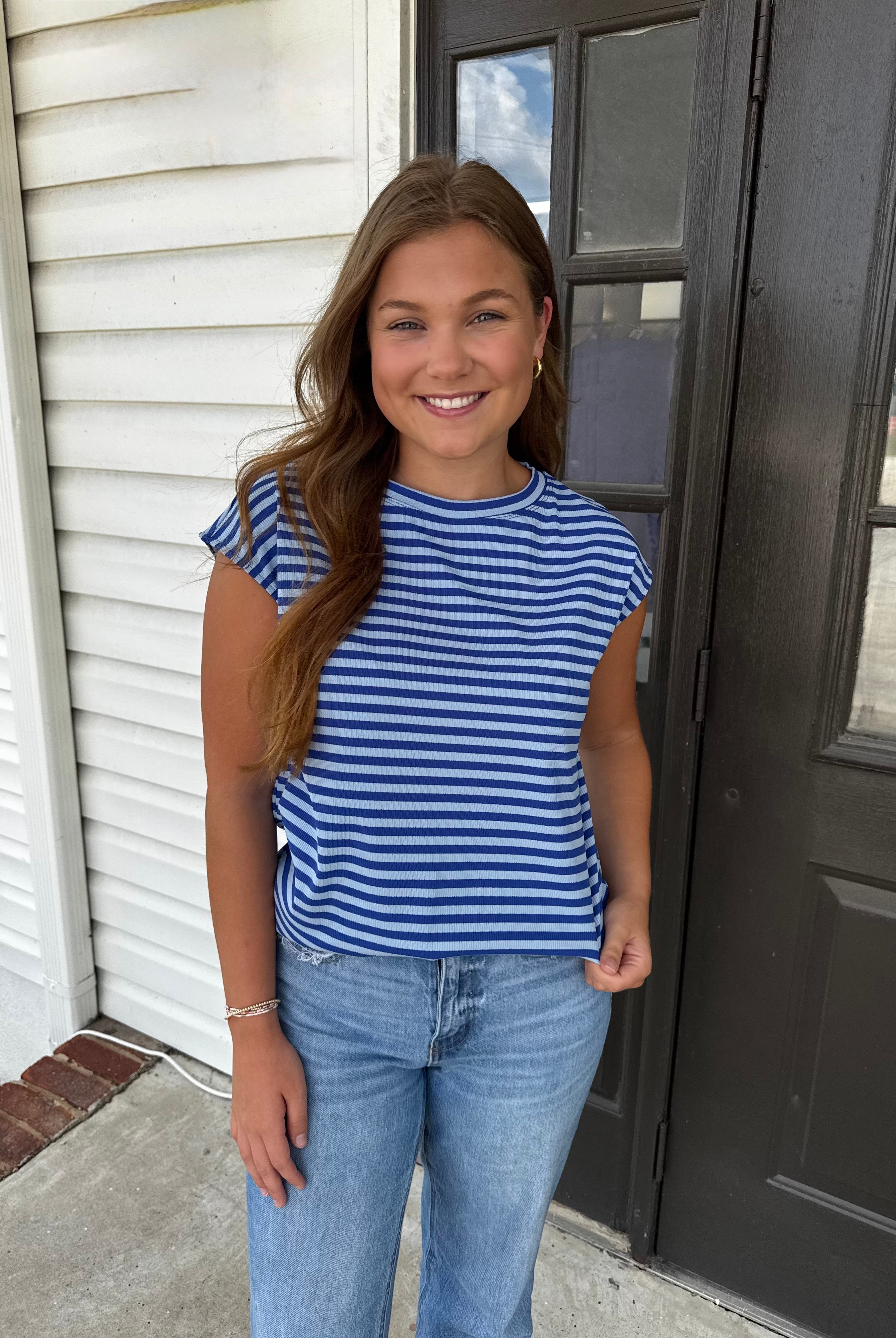 Stripes Everything TShirt-Fashion Tops-Podos Boutique, a Women's Fashion Boutique Located in Calera, AL