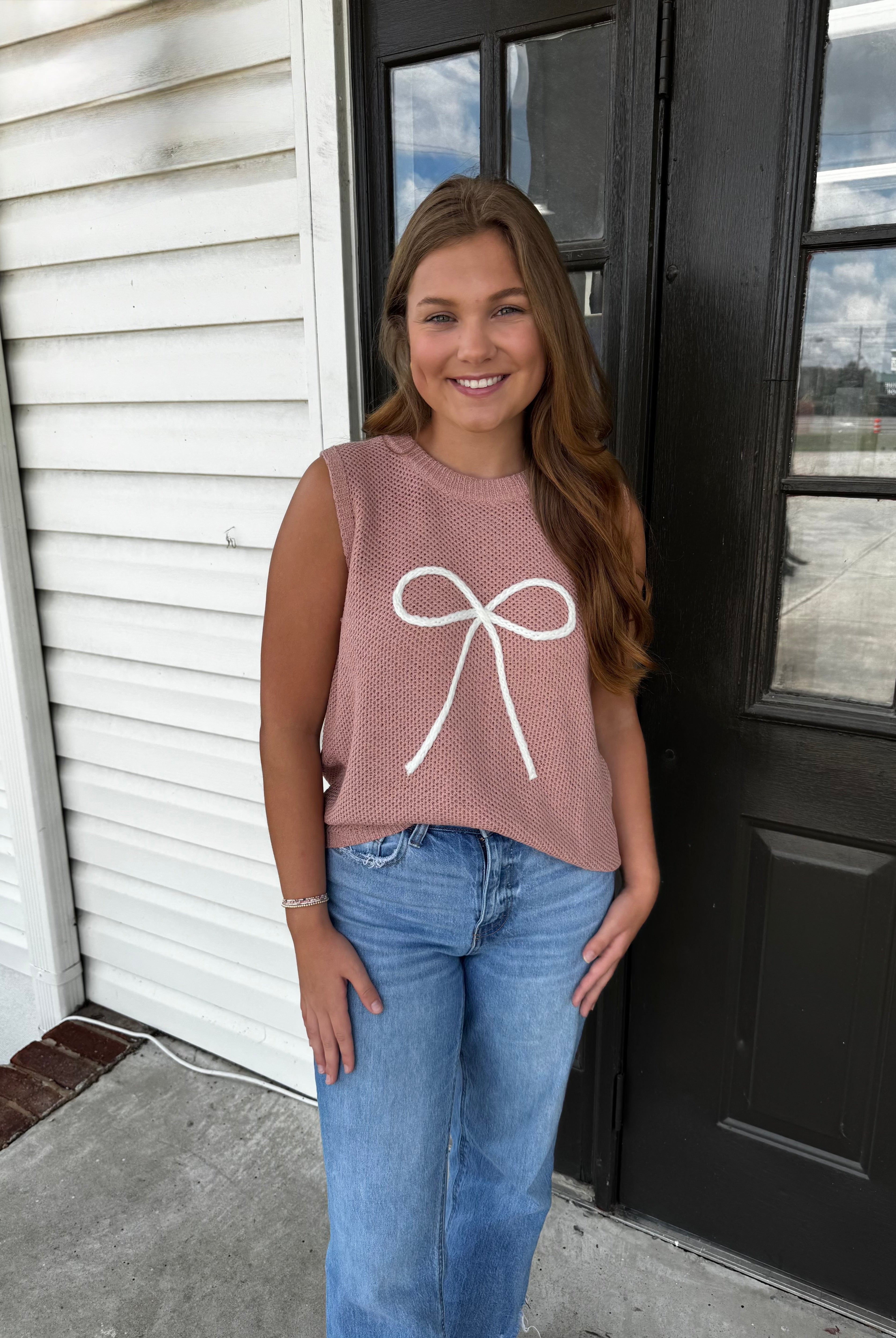 Bow Embroidered Tank-Fashion Tops-Podos Boutique, a Women's Fashion Boutique Located in Calera, AL