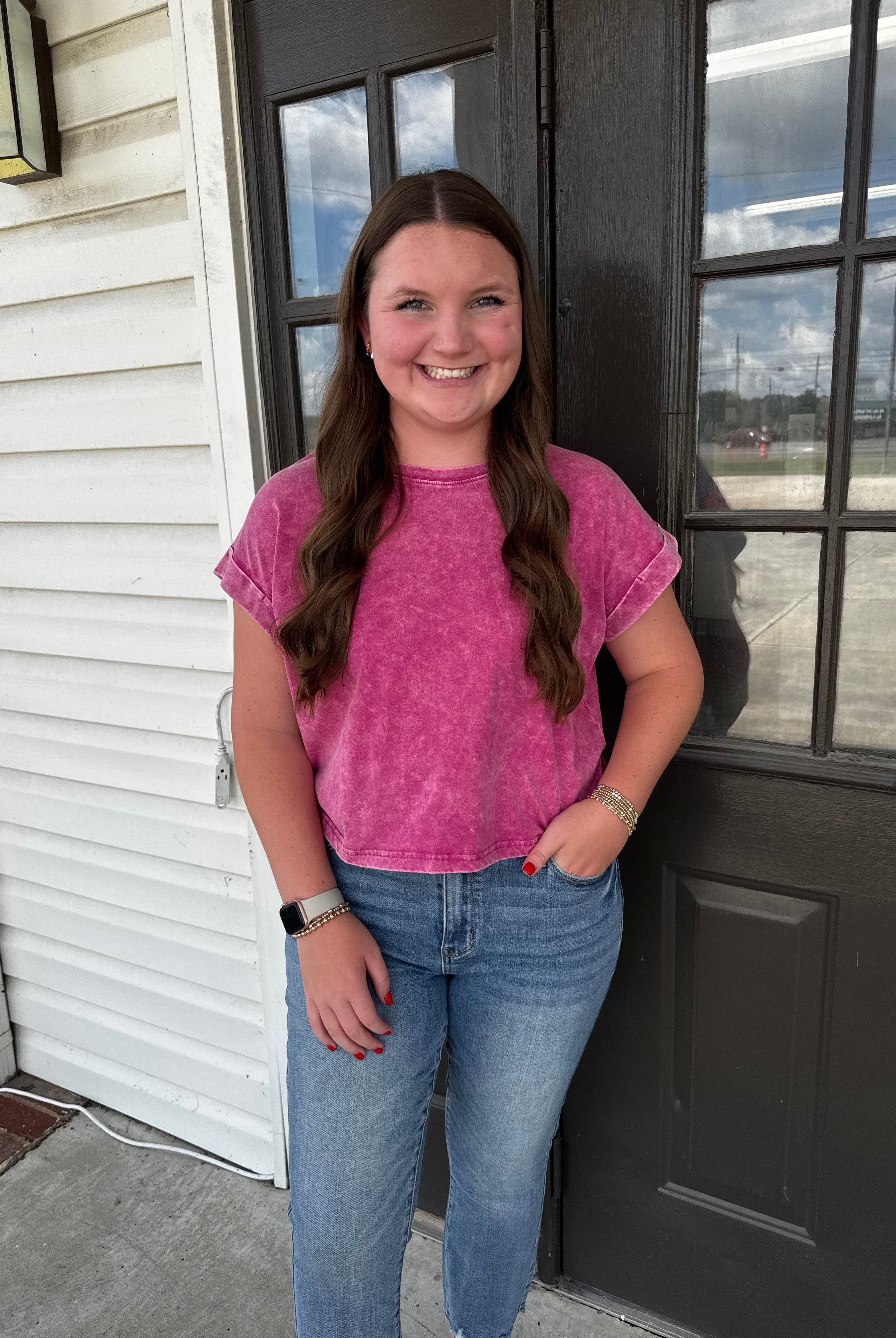 Washed Cuffed Short Sleeve-Fashion Tops-Podos Boutique, a Women's Fashion Boutique Located in Calera, AL