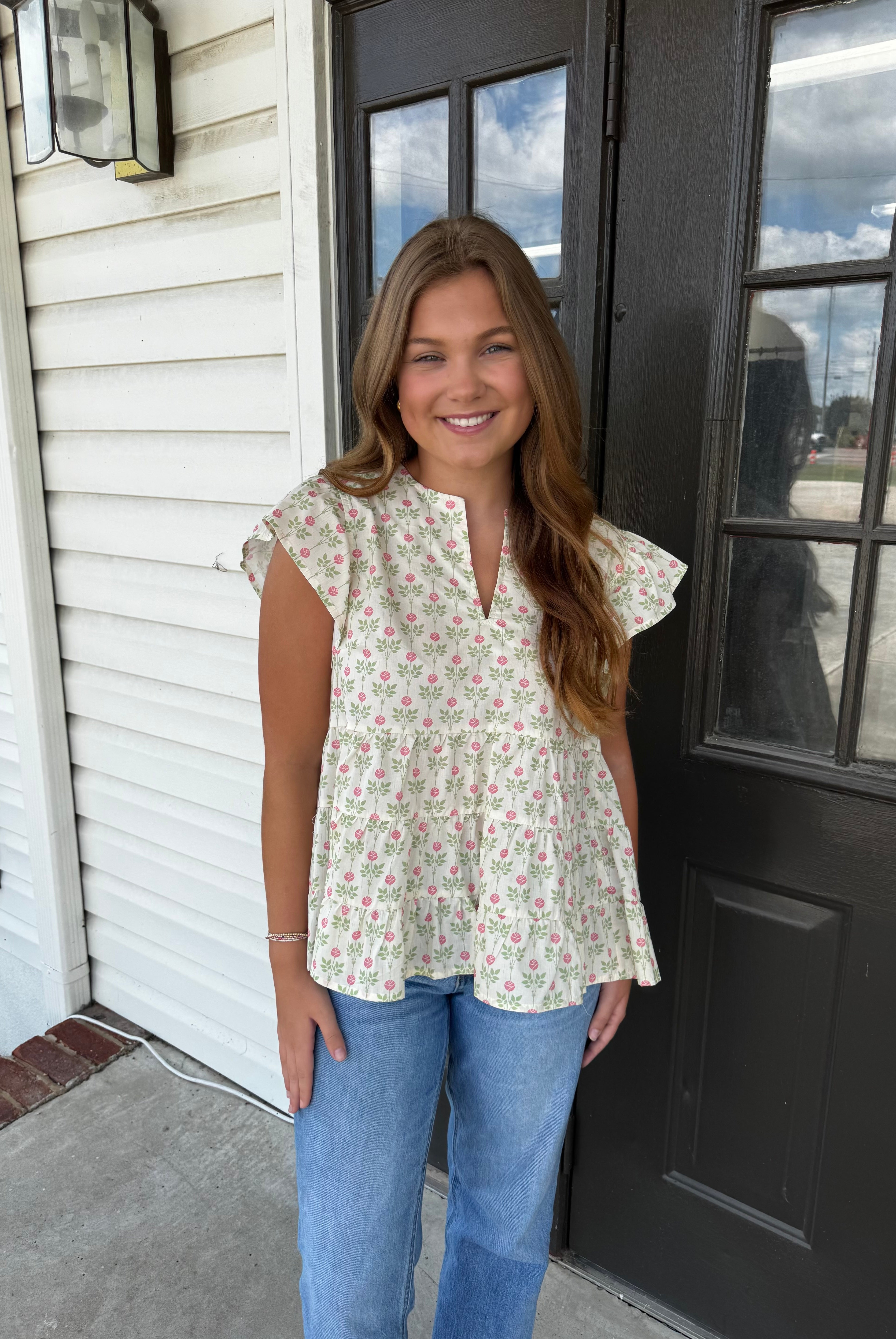 Floral Butterfly Sleeve Top-Fashion Tops-Podos Boutique, a Women's Fashion Boutique Located in Calera, AL
