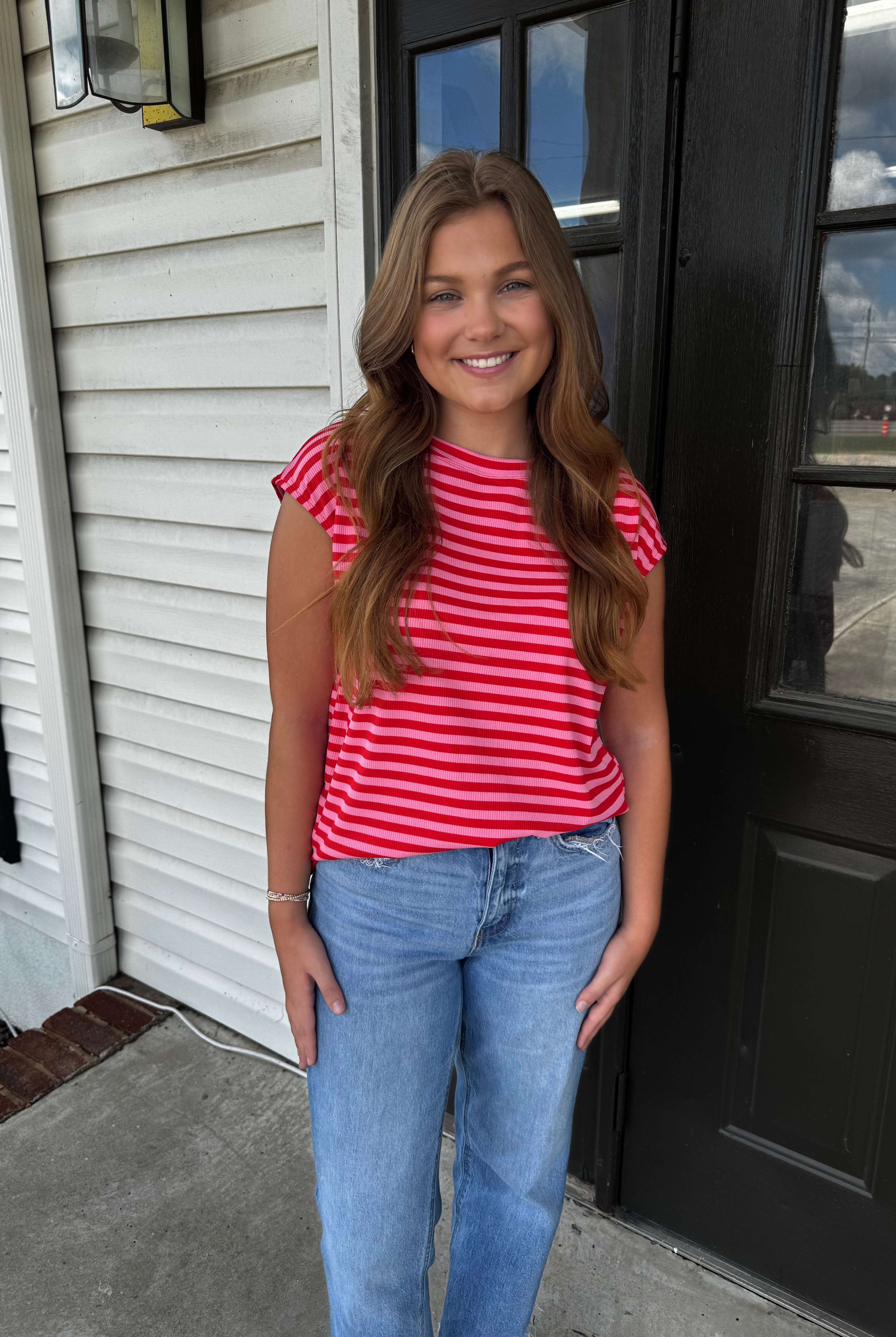 Stripes Everything TShirt-Fashion Tops-Podos Boutique, a Women's Fashion Boutique Located in Calera, AL