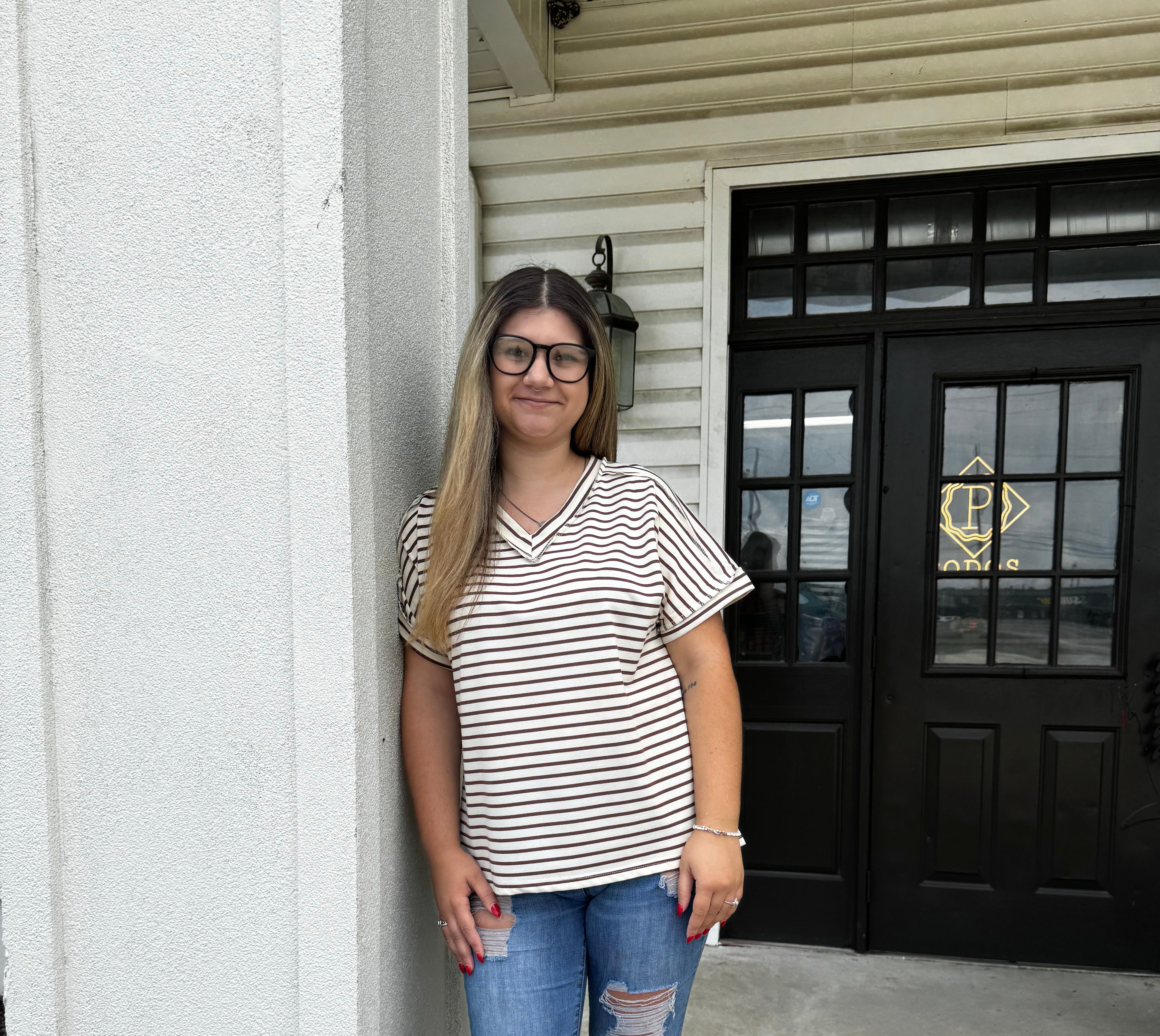 G + E Lucy Stripe Top-Fashion Tops-Podos Boutique, a Women's Fashion Boutique Located in Calera, AL