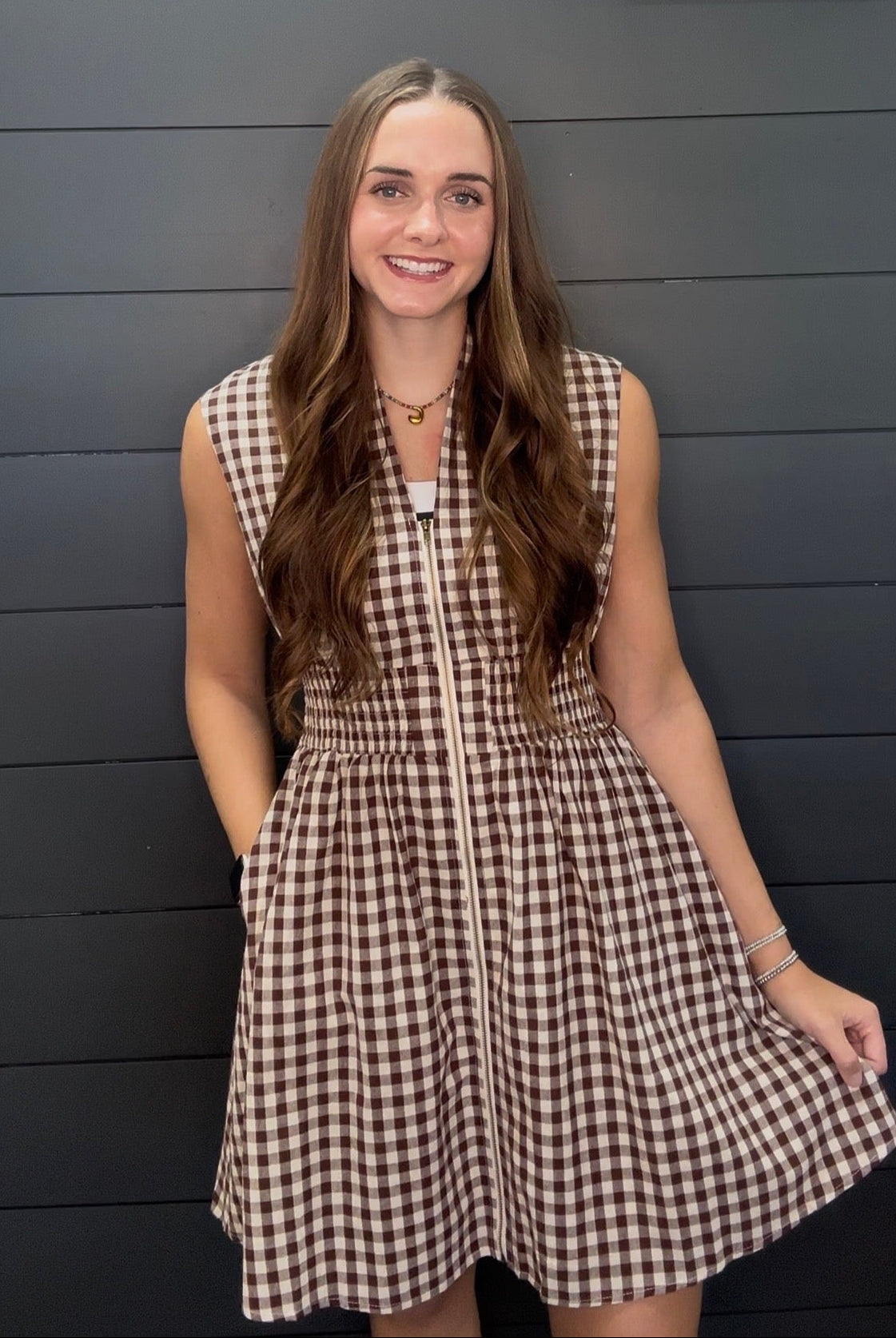 Gingham Smocked Waist Zip Front Mini Dress-Short Dresses-Podos Boutique, a Women's Fashion Boutique Located in Calera, AL