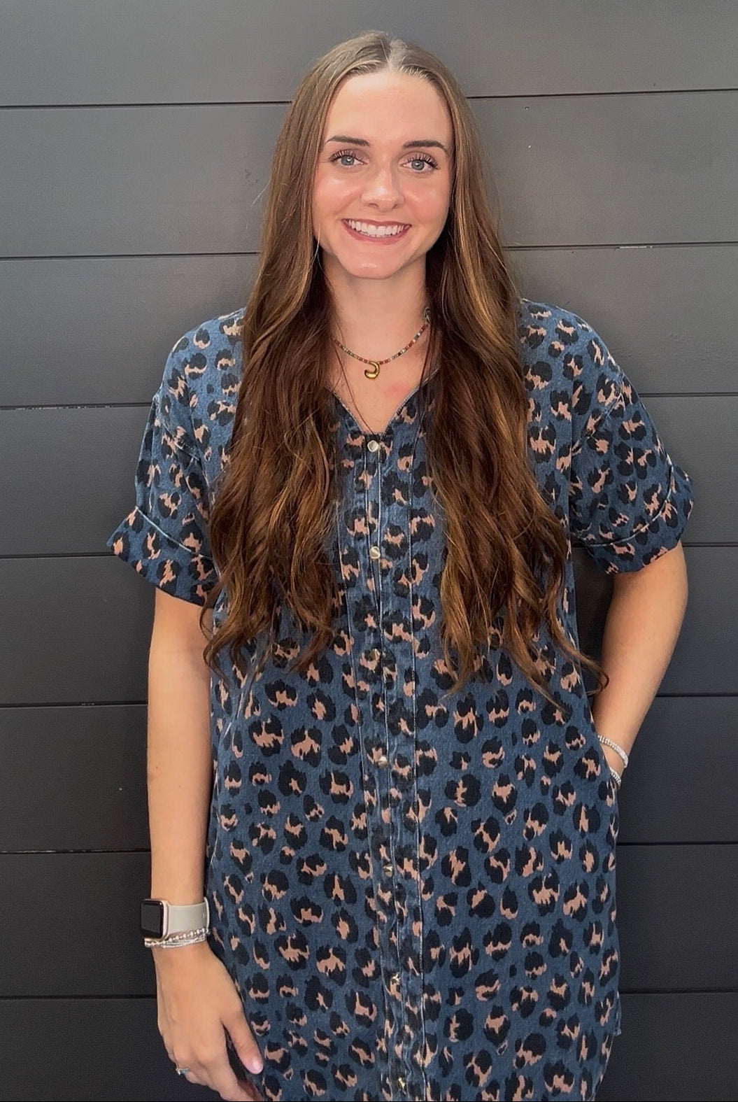Leopard Denim Print Dress-Short Dresses-Podos Boutique, a Women's Fashion Boutique Located in Calera, AL