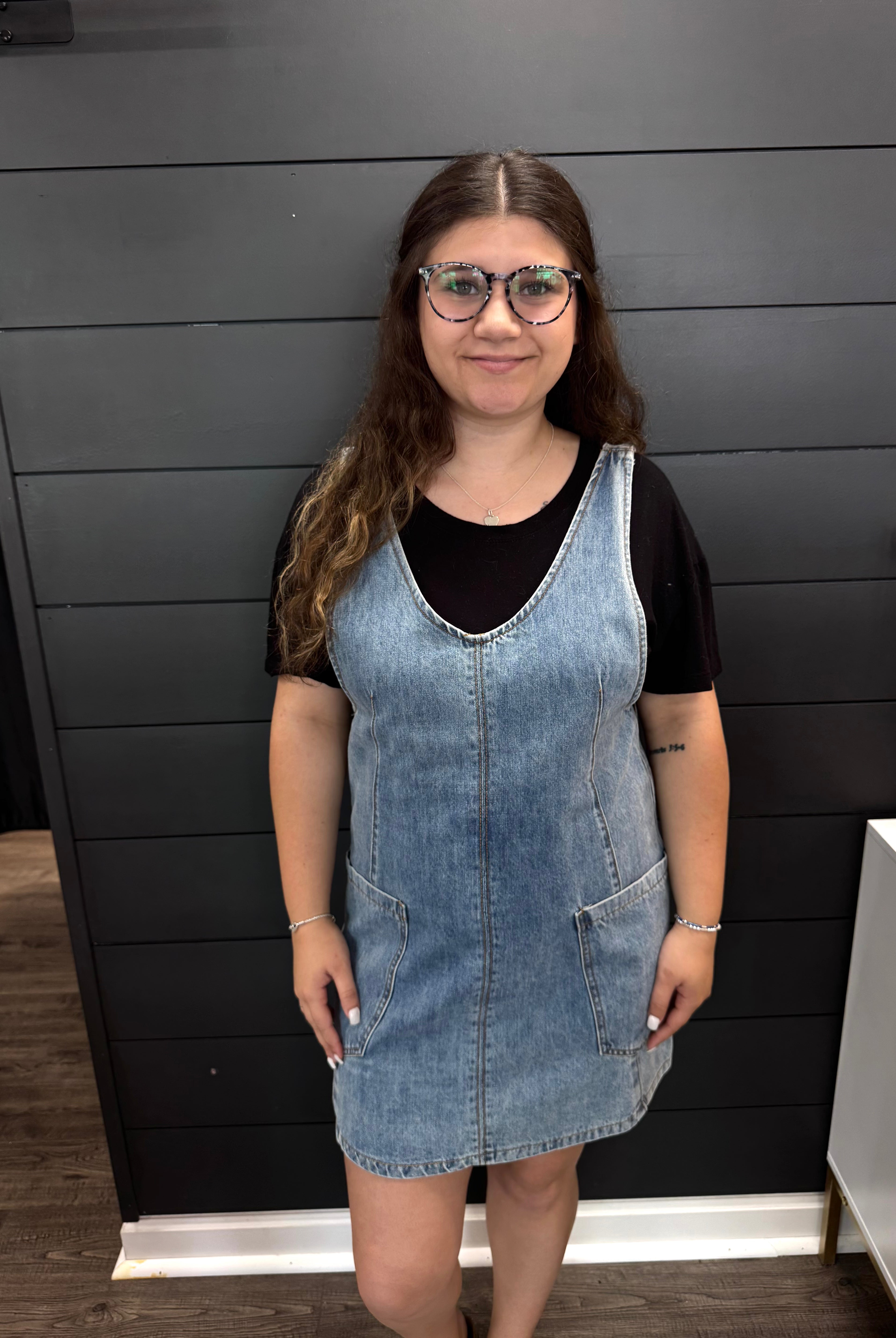 All The Rage Denim Overall Dress-Short Dresses-Podos Boutique, a Women's Fashion Boutique Located in Calera, AL