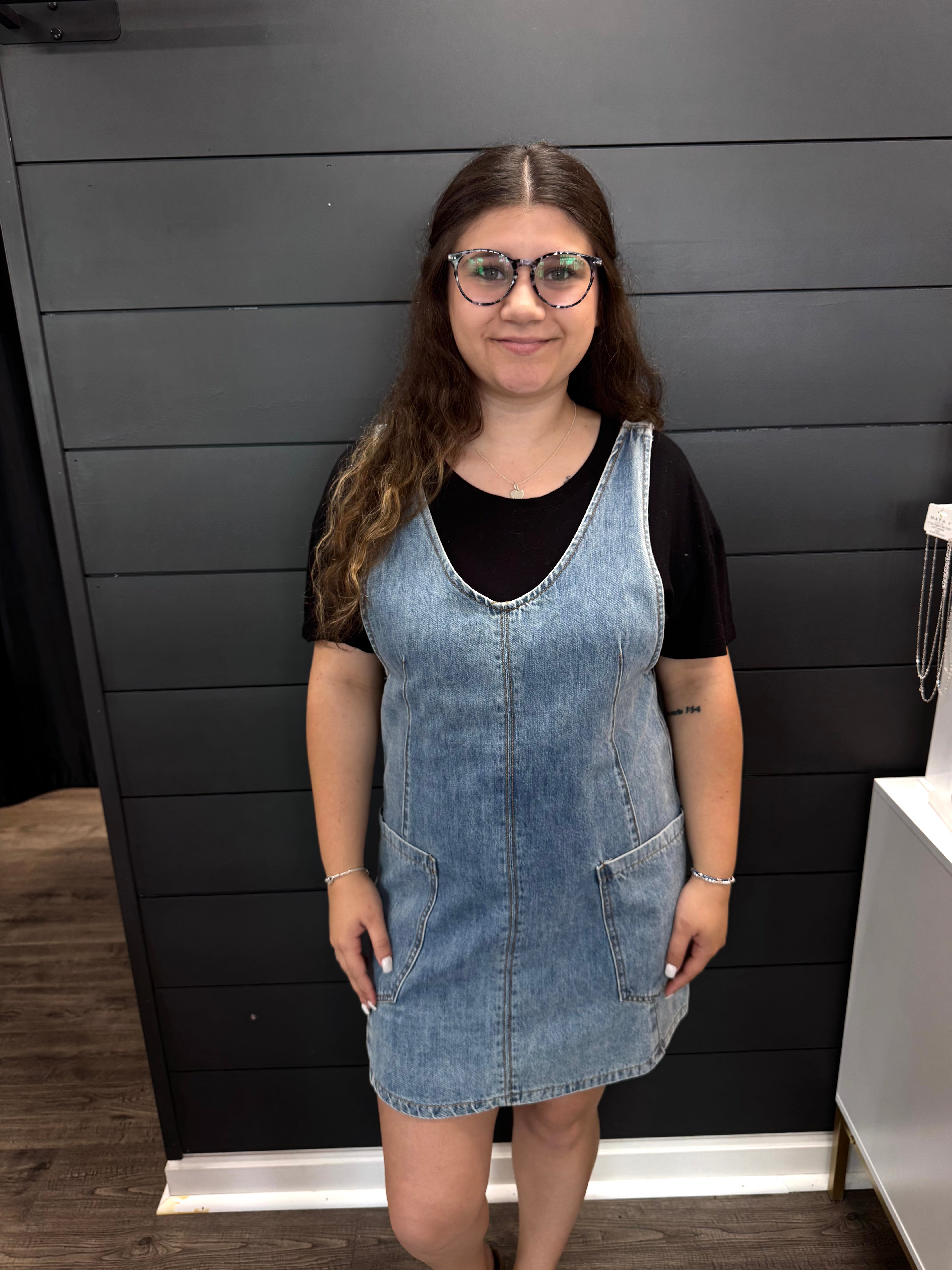 All The Rage Denim Overall Dress-Short Dresses-Podos Boutique, a Women's Fashion Boutique Located in Calera, AL