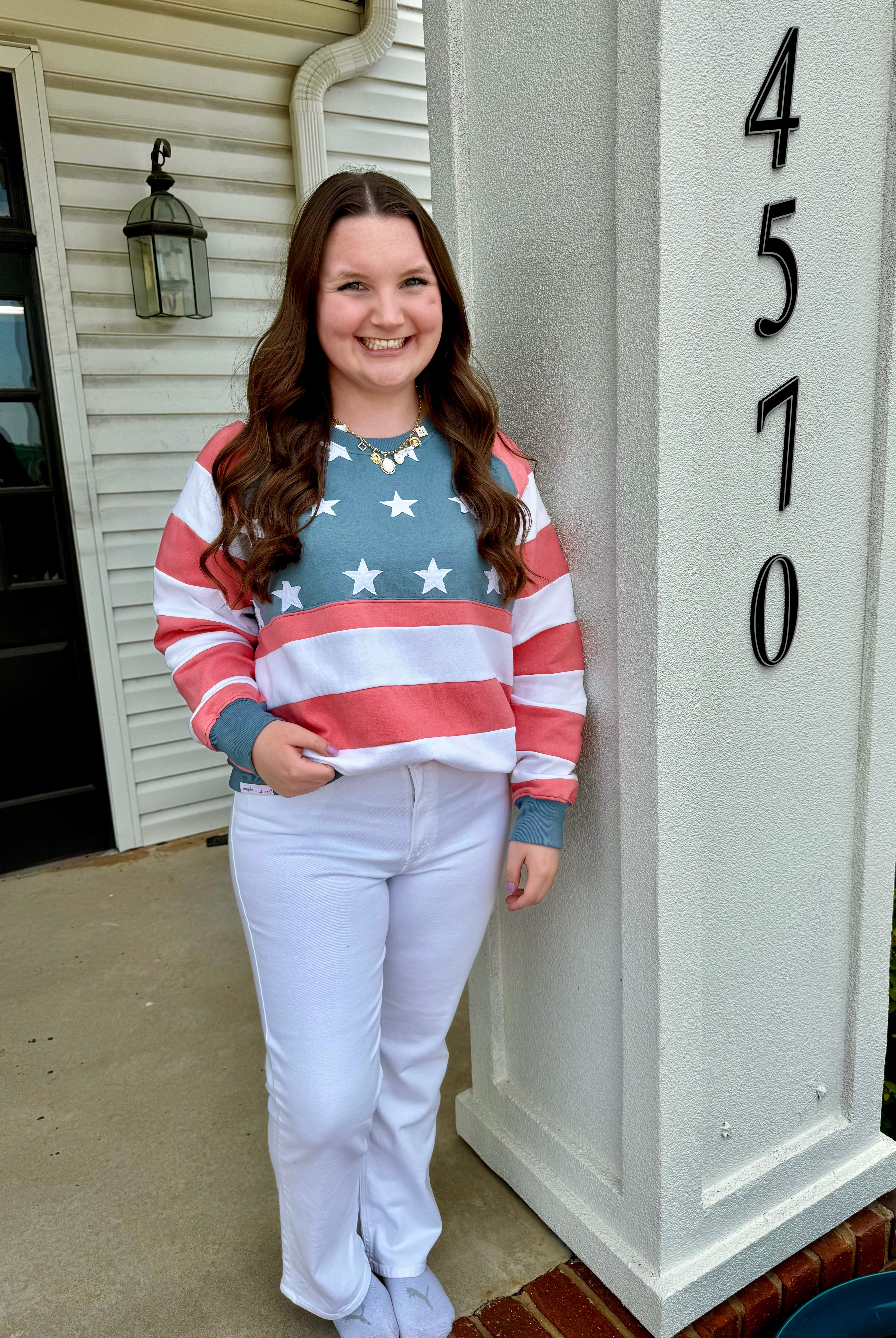 SS Patch USA Crewneck-Fashion Tops-Podos Boutique, a Women's Fashion Boutique Located in Calera, AL