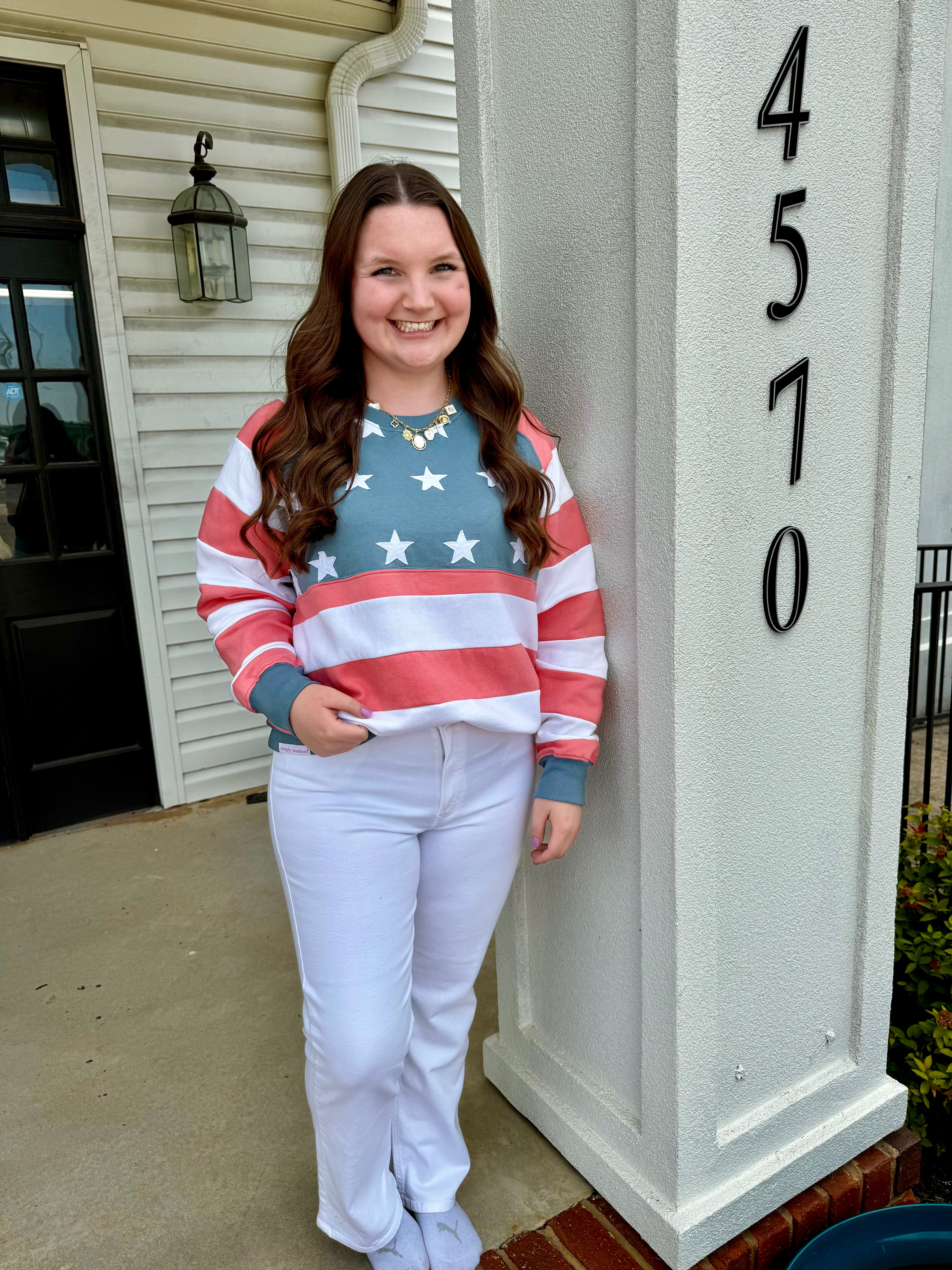 SS Patch USA Crewneck-Fashion Tops-Podos Boutique, a Women's Fashion Boutique Located in Calera, AL