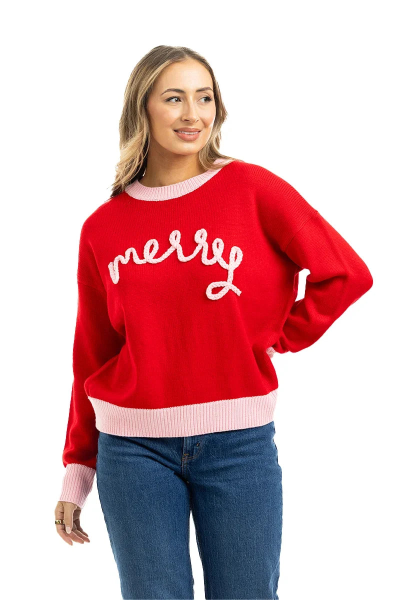 Merry Embroidered Sweater-Fashion Tops-Podos Boutique, a Women's Fashion Boutique Located in Calera, AL