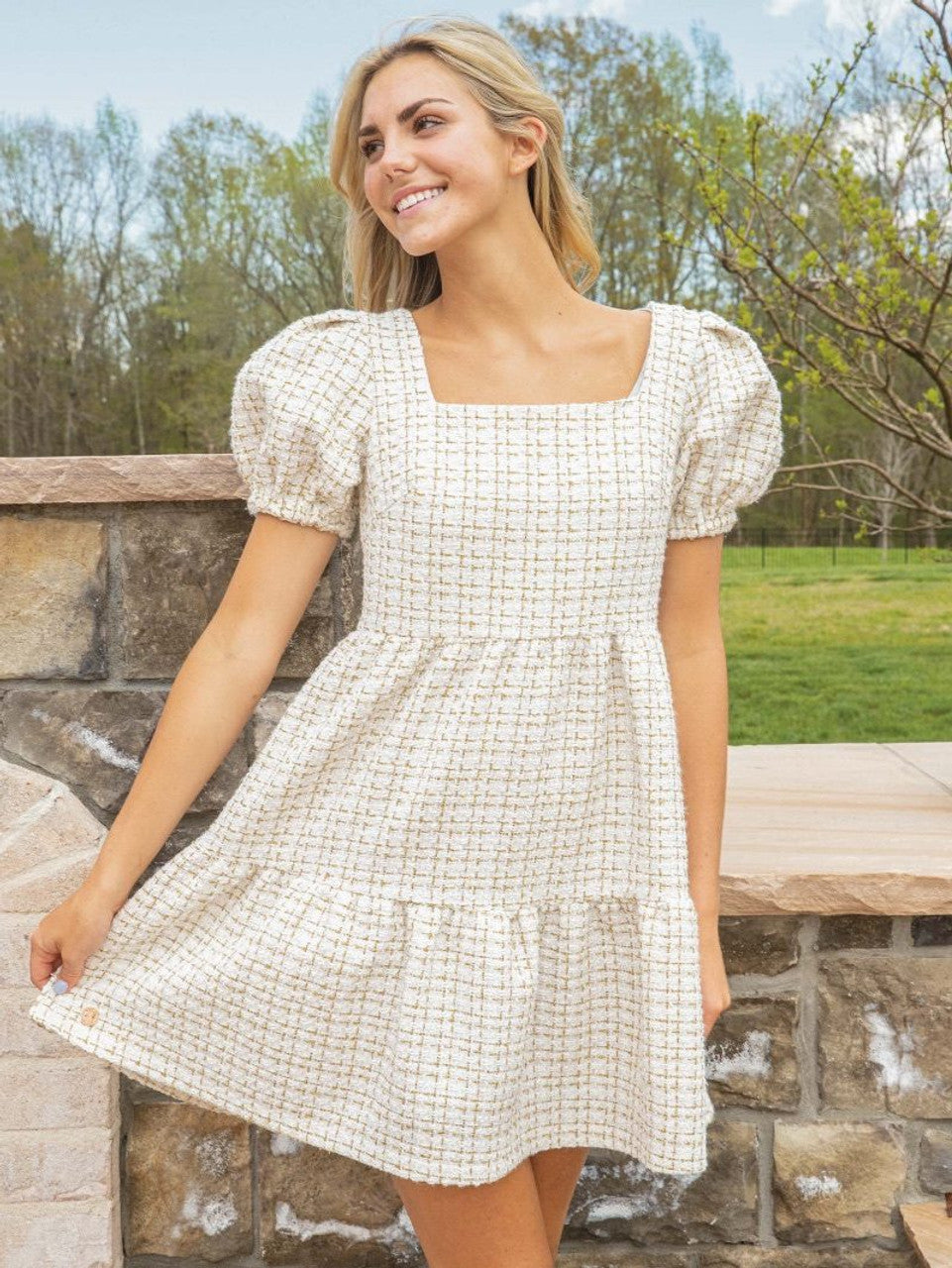 SS Ivory Tweed Dress-Podos Boutique, a Women's Fashion Boutique Located in Calera, AL