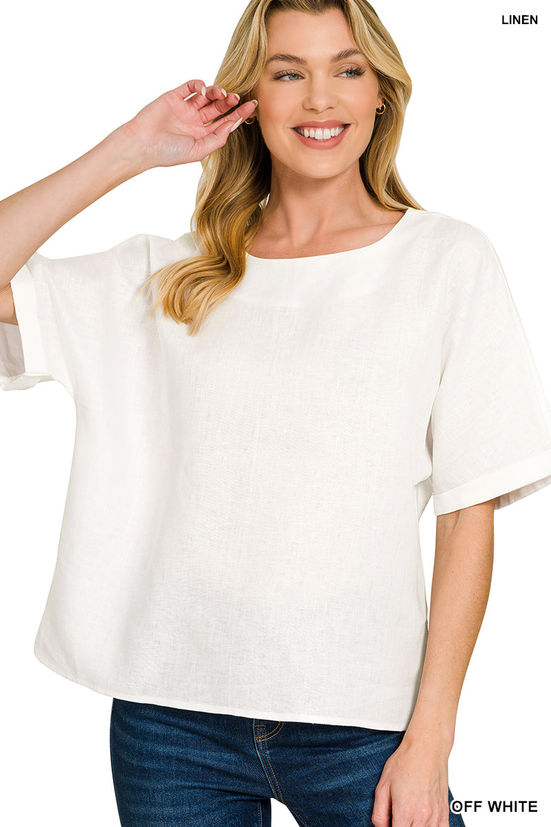 100% Round Neck Linen Top-Fashion Tops-Podos Boutique, a Women's Fashion Boutique Located in Calera, AL