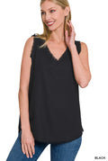 Linen Frayed Edge V-Neck Top-Tank Tops-Podos Boutique, a Women's Fashion Boutique Located in Calera, AL